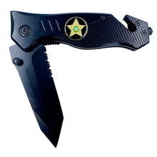 Load image into Gallery viewer, Palm Beach County Sheriffs Office collectible 3-in-1 Tactical Officer Rescue knife tool with Seatbelt Cutter, Steel Serrated Blade, Glass Breaker PBCSO