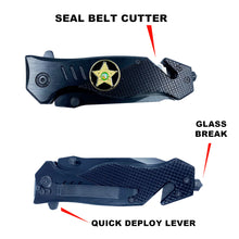 Load image into Gallery viewer, Palm Beach County Sheriffs Office collectible 3-in-1 Tactical Officer Rescue knife tool with Seatbelt Cutter, Steel Serrated Blade, Glass Breaker PBCSO