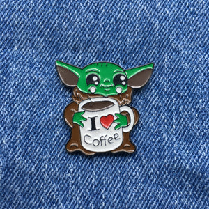 Mandalorian Inspired Baby Yoda Parody I Love Coffee Enamel Pin FREE USA Shipping P-275