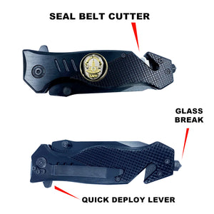 LAPD collectible 3-in-1 Tactical Officer Rescue knife tool with Seatbelt Cutter, Steel Serrated Blade, Glass Breaker Los Angeles Police Department