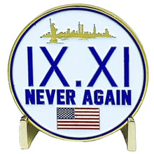 Load image into Gallery viewer, September 11th 9/11 Never Again Challenge Coin American Flag 911 New York City Skyline NYC USA EL5-008