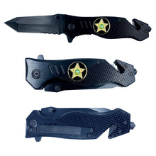 Load image into Gallery viewer, Palm Beach County Sheriffs Office collectible 3-in-1 Tactical Officer Rescue knife tool with Seatbelt Cutter, Steel Serrated Blade, Glass Breaker PBCSO