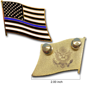 Thin Blue Line Police Large cloisonné American Flag Lapel Pin with 2 pin posts and deluxe clasps, U.S. Stars are Stripes P-050 - www.ChallengeCoinCreations.com