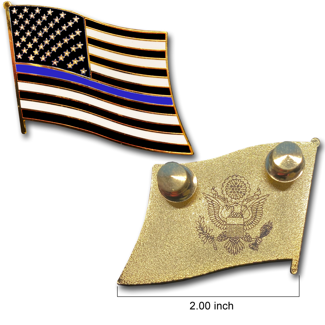 Thin Blue Line Police Large cloisonné American Flag Lapel Pin with 2 pin posts and deluxe clasps, U.S. Stars are Stripes P-050 - www.ChallengeCoinCreations.com