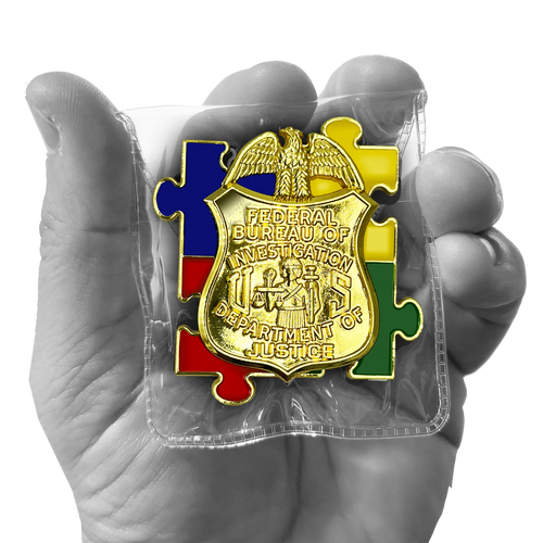 FBI Special Agent Intel Analyst Investigator Autism Awareness Month lapel pin puzzle pieces display like a challenge coin DL3-14 P-187