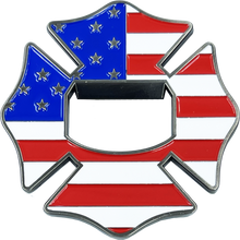 Load image into Gallery viewer, Maltese Cross Fire Department Bottle Opener American Flag Challenge Coin Fire Fighter BL14-016 - www.ChallengeCoinCreations.com