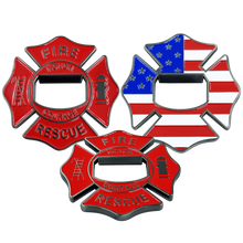 Load image into Gallery viewer, Maltese Cross Fire Department Bottle Opener American Flag Challenge Coin Fire Fighter BL14-016 - www.ChallengeCoinCreations.com