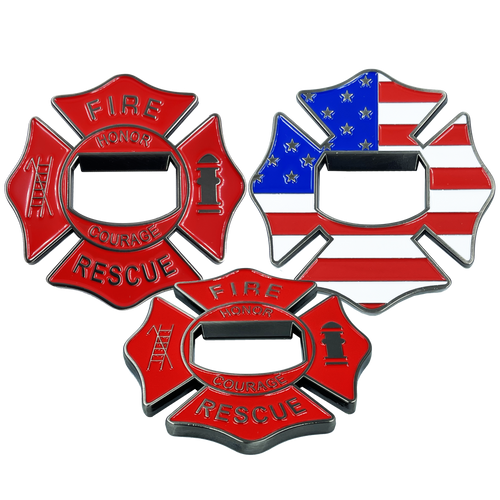 Maltese Cross Fire Department Bottle Opener American Flag Challenge Coin Fire Fighter BL14-016 - www.ChallengeCoinCreations.com