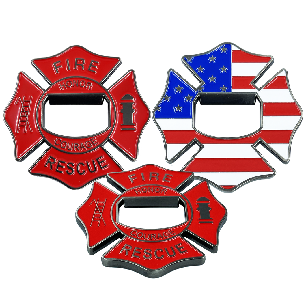 Maltese Cross Fire Department Bottle Opener American Flag Challenge Coin Fire Fighter BL14-016 - www.ChallengeCoinCreations.com