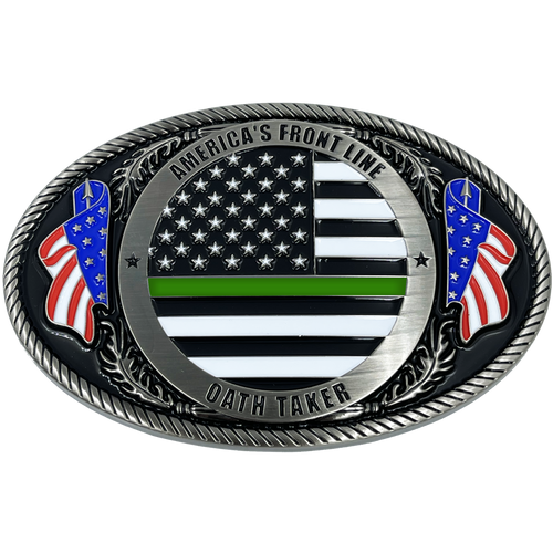 Border Patrol Agent Deputy Sheriff Army Marines CBP Police Officer Antique Nickel Thin Green Line Police American Flag Belt Buckle America's Front Line Oath Taker BPA Border Patrol Agent EL3-007 - www.ChallengeCoinCreations.com