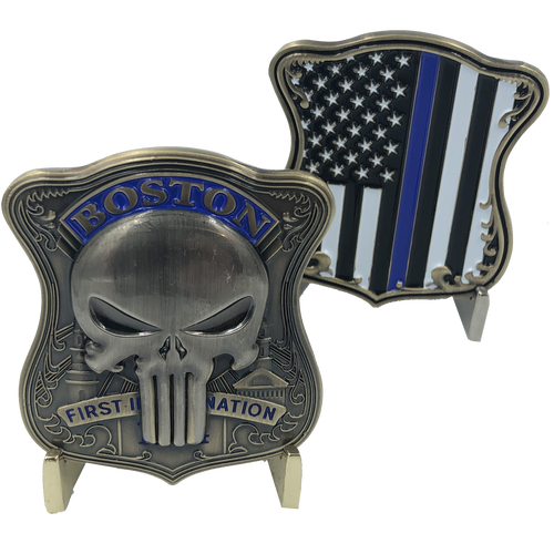 SK-017 Boston PD Police Skull Badge Thin Blue Line Challenge Coin - www.ChallengeCoinCreations.com