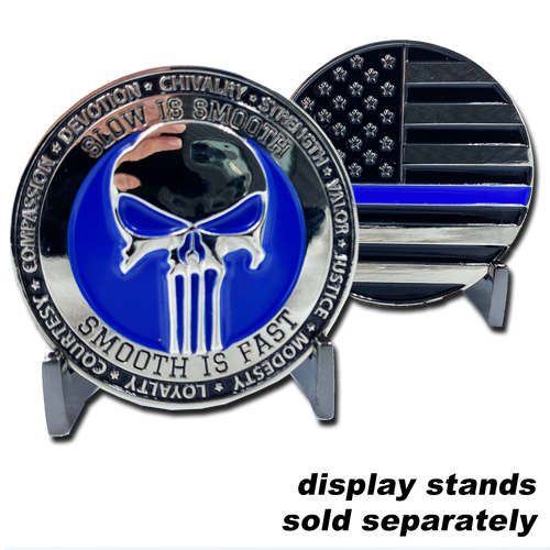 SK-024 Thin blue Line Police Skull Challenge Coin - www.ChallengeCoinCreations.com