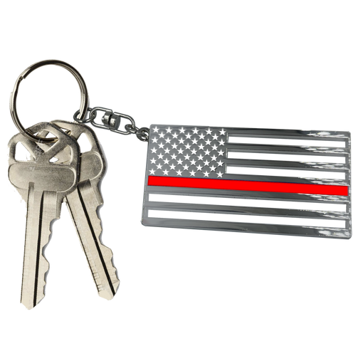 Thin Red Line Fire Department Firefighter American Flag die-cut chrome challenge coin keychain with swivel 1