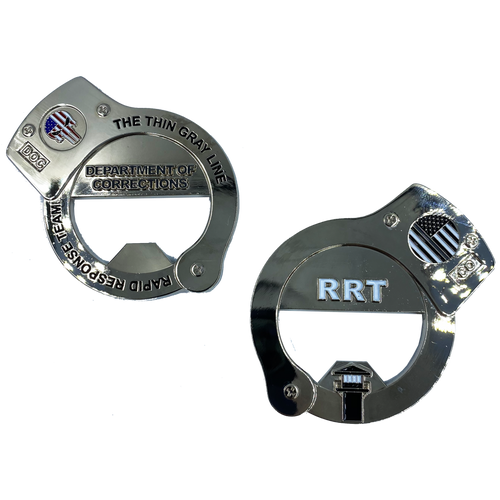 RRT Rapid Response Team Thin Gray Line Skull HANDCUFFs Challenge Coin Bottle Opener Corrections Correctional Officer SK-020 - www.ChallengeCoinCreations.com