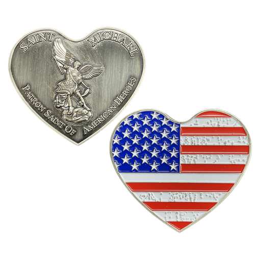 AMERICAN FLAG Patriotic USA St. Michael Heart Love prayer Patron Saint of American Heroes Military Police Veteran Paramedic EL4-001 - www.ChallengeCoinCreations.com