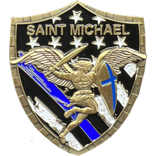 Load image into Gallery viewer, Police Saint Michael Gladiator Shield Thin Blue Line Flag Challenge Coin LAPD NYPD CPD CBP BI ATF GL5-004