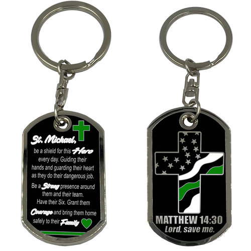 Border Patrol Agent or Sheriff Deputy Prayer Saint Michael Protect Us Matthew 14:30 Challenge Coin Dog Tag Keychain Thin Green Line GL5-006 KCDT-13